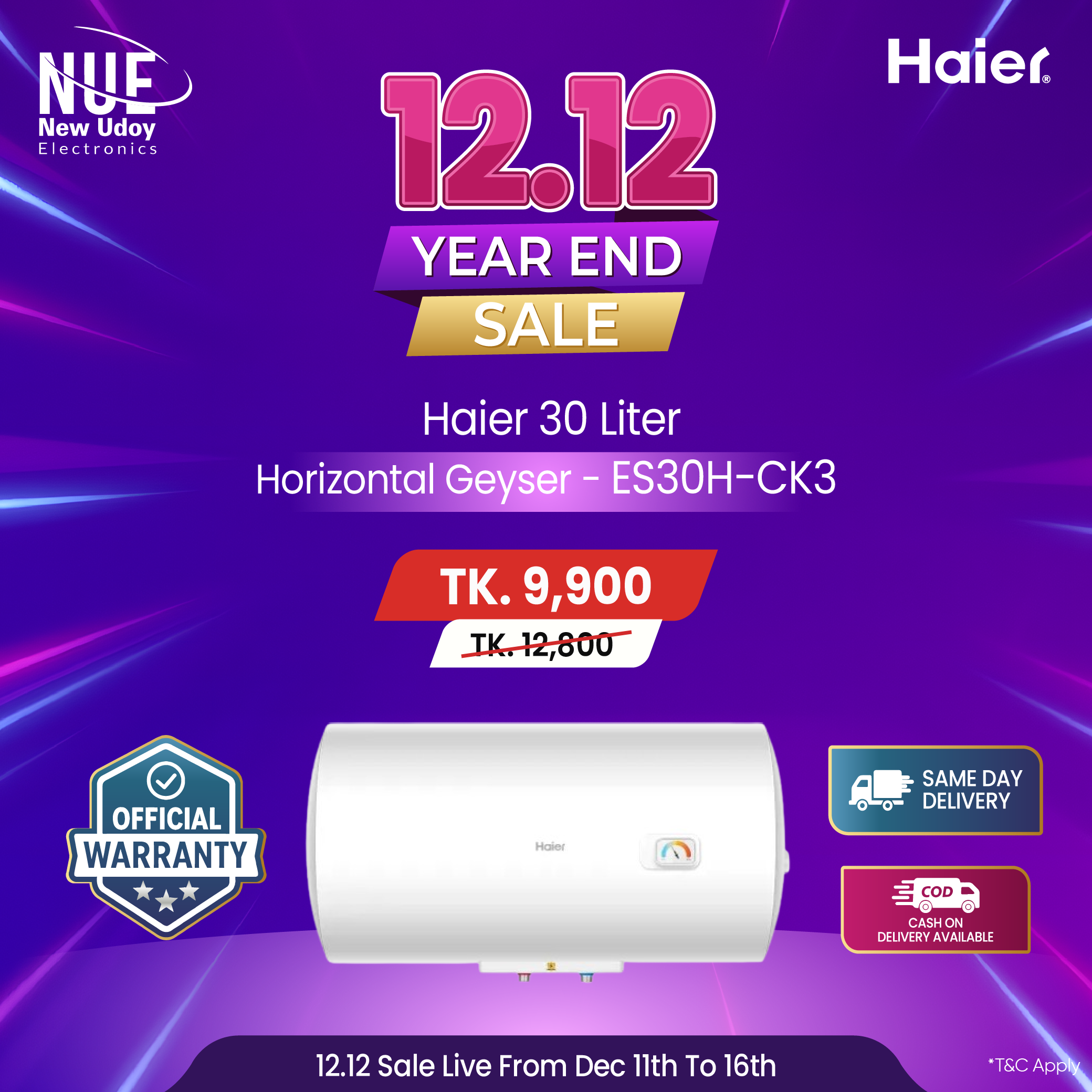 3 Official Haier 30 Liter ES30H-CK3(BD) Horizontal Geyser (water heater) Free Installation From Haier Bangladesh - Image 1