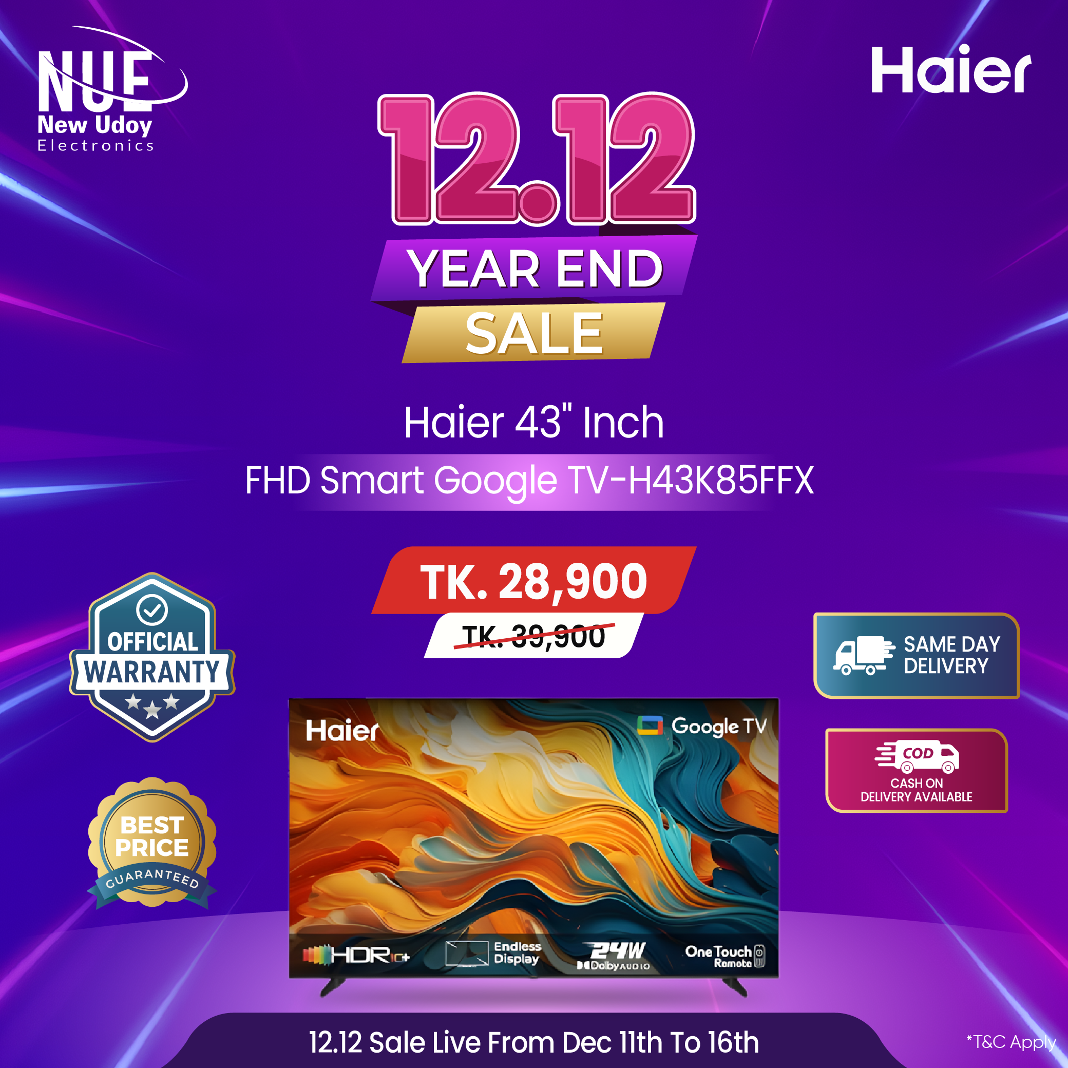 6 (2) Haier Official 43" FHD Smart Google TV (H43K85FFX) 1.5G+8G, Dolby Audio Official Warranty by Haier - Image 1