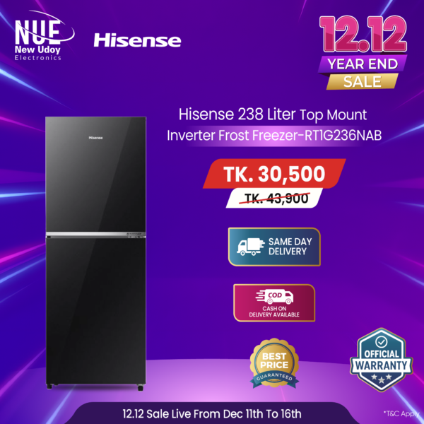 Hisense Official 238 Liter Top Mount Inverter Frost  Freezer  Model RT1G236NAB/BD3