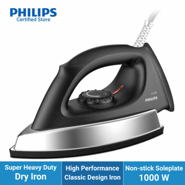 PHILIPS Stainless_Steel Heavyweight Dry Iron Gc181/8-1000 Watts Power, Black Non-Stick Soleplate, Ergonomic Grip