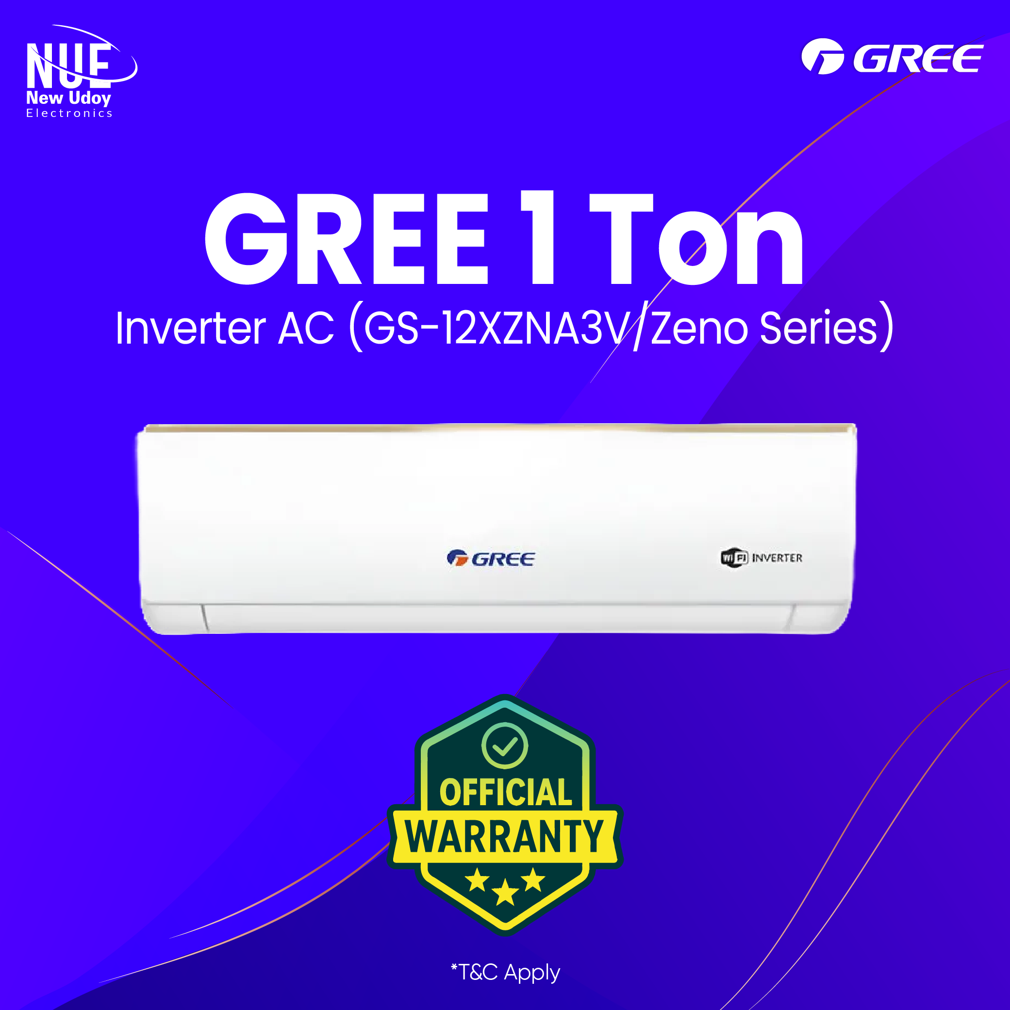 12zeno GREE 1 Ton Zeno Series Inverter AC (GS-12XZNA3V) | Energy Saving & Official Warranty - Image 1